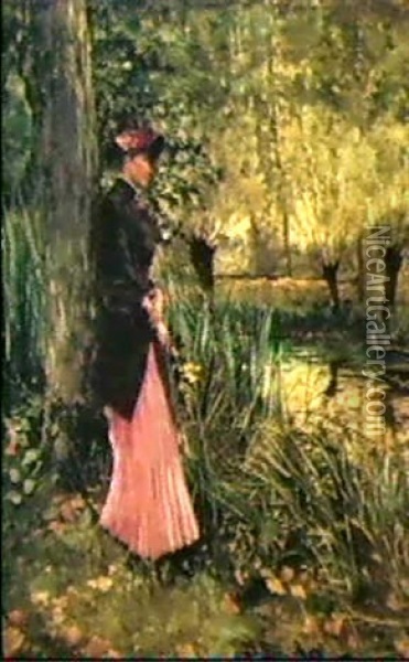 Nathalie Goeneutte, The Artist's Sister On A River Bank Oil Painting - Norbert Goeneutte