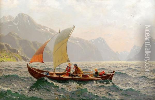 Fjordlandskap Med Familj I Segeleka Oil Painting - Hans Dahl