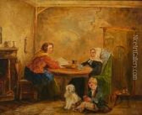 Figures In A Cottage Interior Oil Painting - Thomas Webster