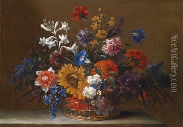 Blumenstillleben In Einem Bastkorb (+ Another, Similar; Pair) Oil Painting - Nicolas Baudesson