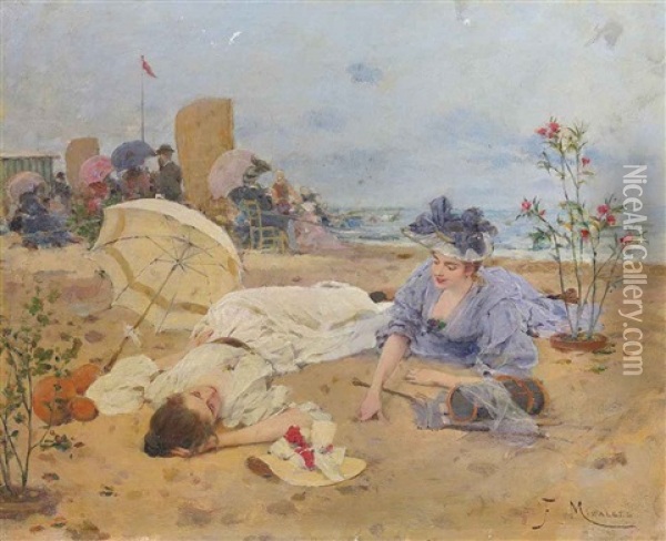 Resting On The Beach Oil Painting - Francisco Miralles y Galup