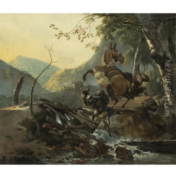 Italianate Landscape With A Donkey And A Rearing Horse Crossing A Collapsing Bridge Oil Painting - Adam Pynacker