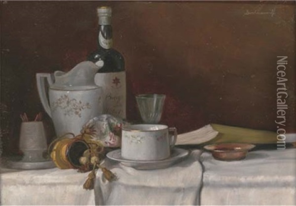 A Cup, Saucer, Bottle, Jug And Glass With A Book To The Side Oil Painting - Karoly (Karl) Bachmann