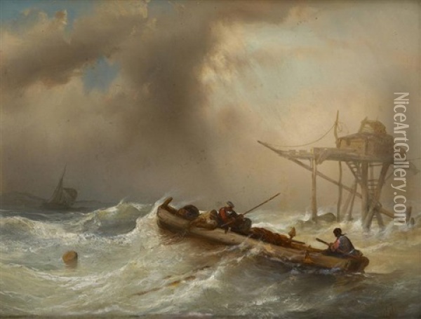 Barque De Pecheurs Dans Une Mer Agitee Oil Painting - Jacob Jacobs