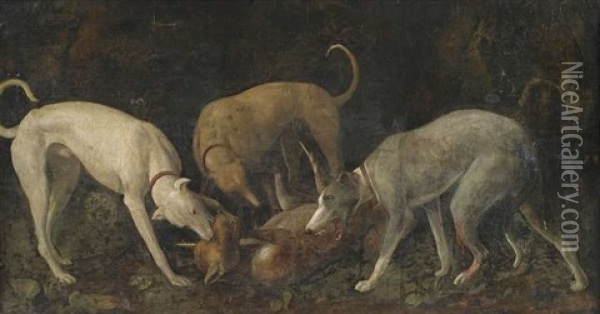 Drei Jagdhunde Erlegen Einen Fuchs Oil Painting - Carl Borromaus Andreas Ruthart