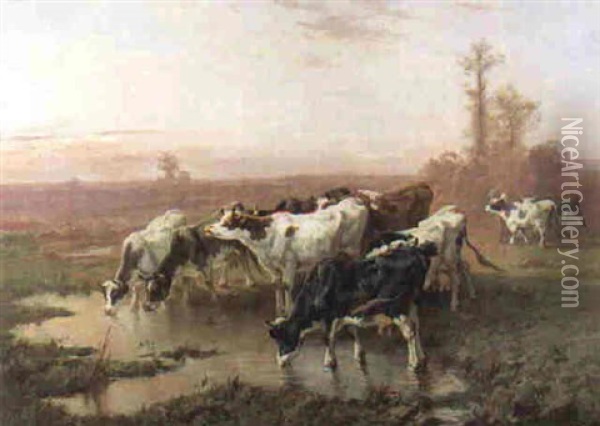 Koeien Aan De Drinkplaats Oil Painting - Frans De Beul