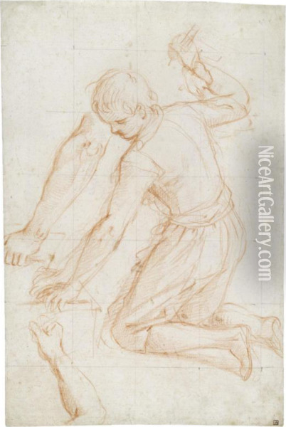 : Study Of A Kneeling Young Man, Raising A Hammer In His Left Hand, With Subsidiary Studies Of His Right And Left Arms Oil Painting - Giovanni Balducci