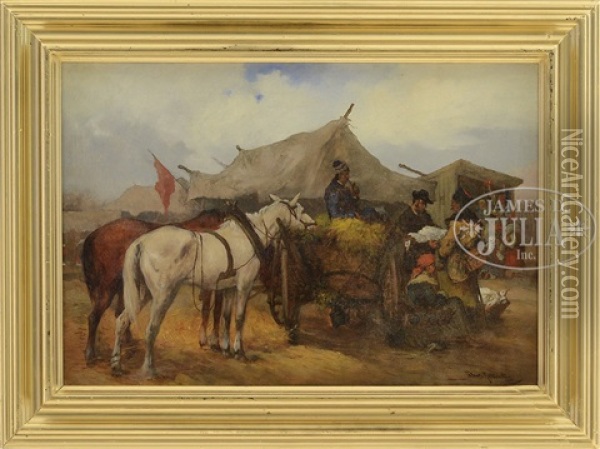 Figures In A Trading Camp With Horses And Cart Oil Painting - Tadeusz Rybkowski