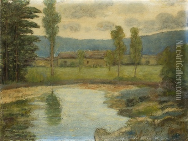 Paesaggio Con Specchio D'acqua E Case Sullo Sfondo Oil Painting - Giuseppe Sacheri