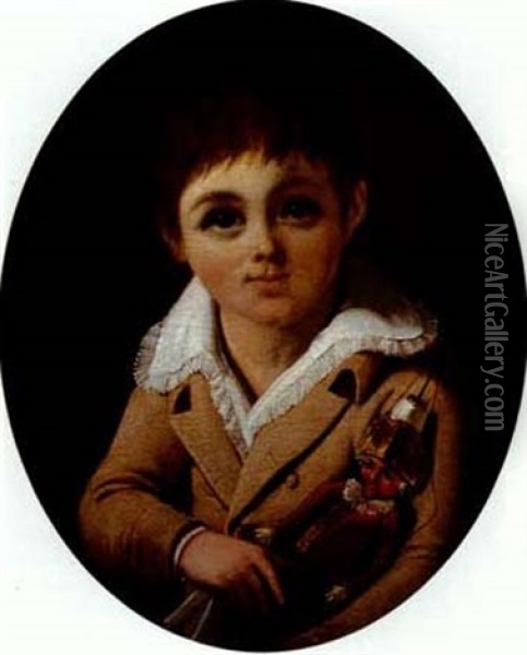 Portrait Of A Young Boy Hold- Ing A Puppet Oil Painting - Armand Julien Palliere