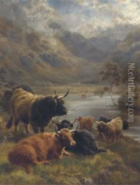 Highland Cattle In A Loch Landscape Oil Painting - William Watson