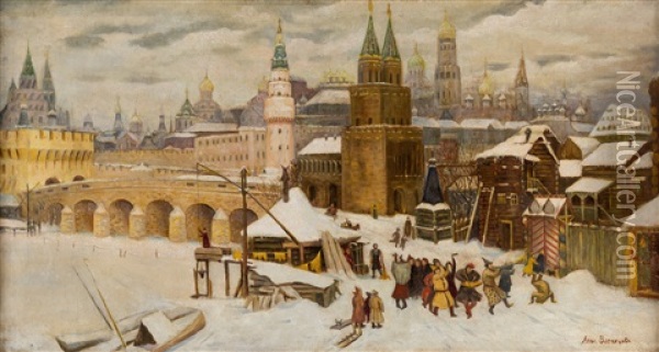 Revelers Before The Kremlin, Moscow Oil Painting - Appolinari Mikhailovich Vasnetsov