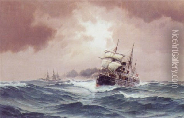 Marine Med Damper For Fuld Fart Frem Oil Painting - Vilhelm Victor Bille