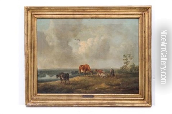 Paisaje Con Campesina Y Vacas Oil Painting - Henry Milbourne