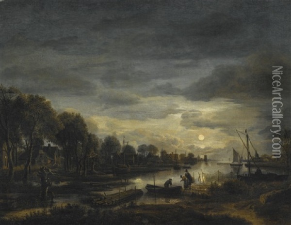 River Landscape By Moonlight, A Village On The Left Bank Between Trees Oil Painting - Aert van der Neer
