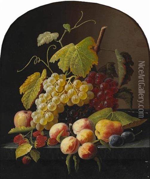 A Still Life With Grapes, Peaches And Other Fruit On A Ledge (collab. W/studio) Oil Painting - Severin Roesen