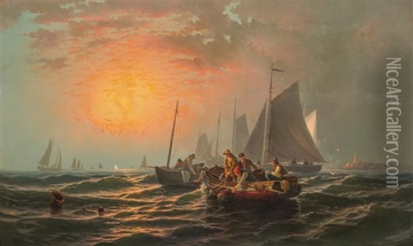 Fishing Boats At Sea Oil Painting - Edward Moran