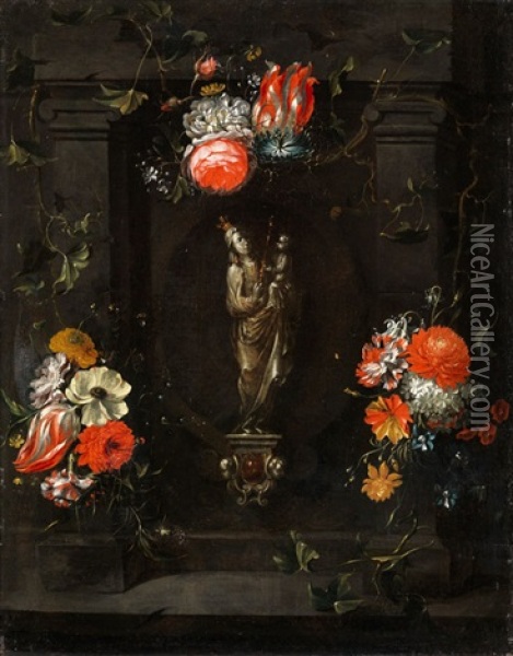 Stilleben Mit Madonnenfigur In Einer Steinadikula Von Blumen Umgeben Oil Painting - Johannes Anthonius van der Baren