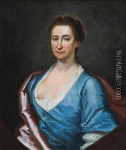 Portrait Of A Lady, Half-length, In A Blue Dress And Pink Wrap Oil Painting - Richardson. Jonathan