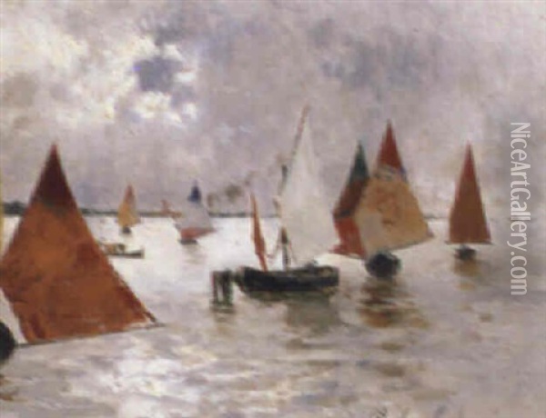 Fishing Boats With Sails Oil Painting - Rubens Santoro