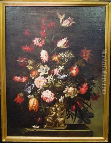 Floral Still Life With Tulips Oil Painting - Mario Nuzzi Mario Dei Fiori