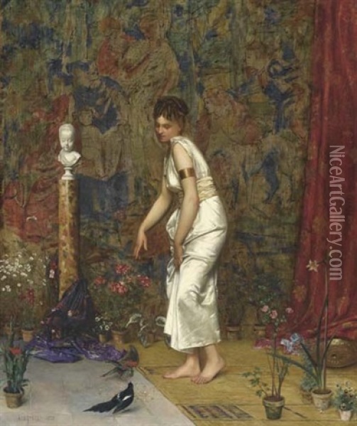 Madchen In Einem Romischen Weissen Kleid Futtert Zwei Vogel Oil Painting - Adolphe Alexandre Lesrel