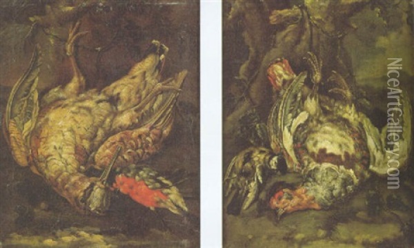 A Woodcock And A Bullfinch Tied To A Tree Oil Painting - Philipp Ferdinand de Hamilton