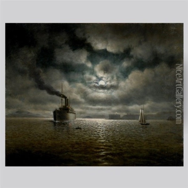 Heading Out The Golden Gate Under A Full Moon Oil Painting - William Alexander Coulter