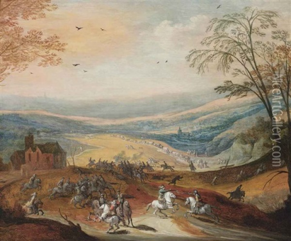 A Cavalry Skirmish In A Hilly Landscape, A Convoy Beyond Oil Painting - Philips de Momper the Elder