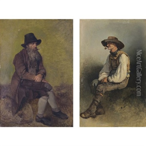 Ein Bartiger Mann Mit Tabakspfeife (bearded Man Smoking A Pipe)(+ Ein Bauer Mit Tabakspfeife (farmer Smoking A Pipe): 2 Works) Oil Painting - Friedrich Gauermann