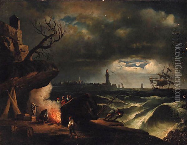 A moonlit coastline with a yacht in a storm near a lighthouse and fisherfolk around a fire in the foreground Oil Painting - Vernet Claude Joseph