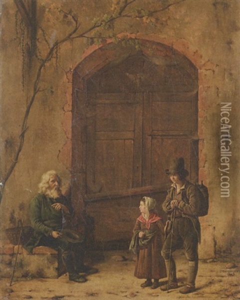 Deux Enfants Passant Devant Un Vieillard Oil Painting - Claudius Jacquand