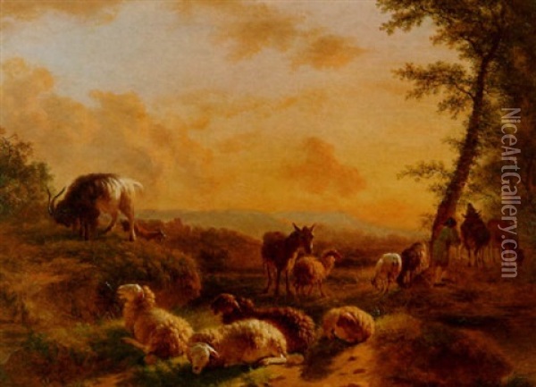 Hirte Mit Kuhen, Schafen, Ziegen Und Einem Maulesel In Der Abendsonne Oil Painting - Balthasar Paul Ommeganck