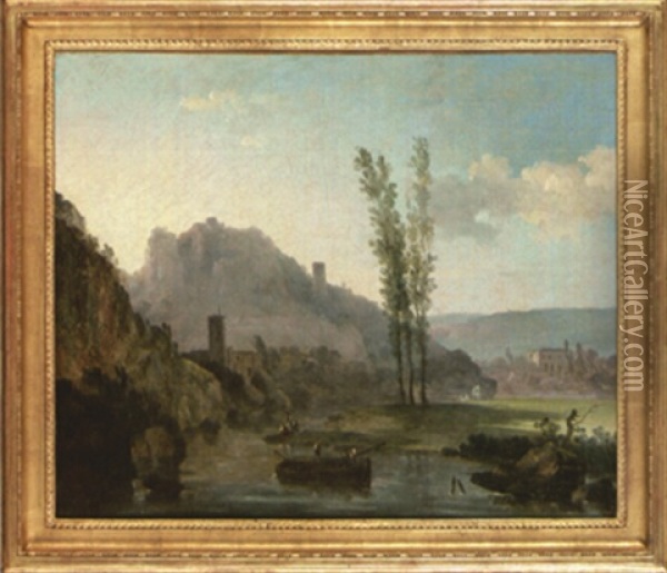 Bord De Riviere, Avec Une Barque Au Premier Plan Et Quelques Personnages Oil Painting - Louis Gabriel Moreau the Elder