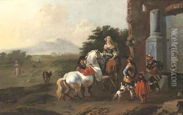 Riders resting by a fountain with a mendicant and dogs, figures on a path and mountains beyond Oil Painting - Jan Frans Soolmaker