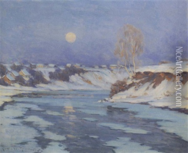 Winter Moonlight, Baie St. Paul, Quebec Oil Painting - Clarence Alphonse Gagnon