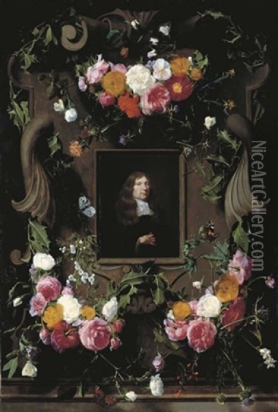 A Cartouche Surrounded By Garlands Of Roses, Thistle, Holly And Other Flowers And Butterflies With A Later Portrait Of A Gentleman, In A Black Cloak With A Lace Collar Oil Painting - Daniel Seghers