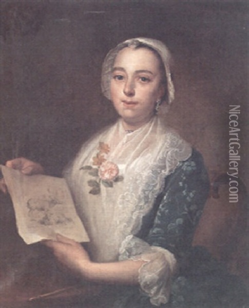 A Portrait Of A Lady Holding A Pencil Sketch Of Sheep Oil Painting - Jean Marc Nattier