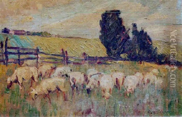 Pastoral Scene With Grazing Sheep Oil Painting - Otto Henry Schneider
