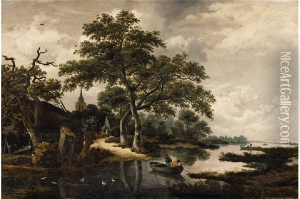 Wooded Landscape With River Oil Painting - Meindert Hobbema