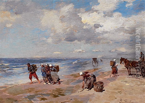 Sonniger Tag An Der Kuste Mit Muschel- Und Tangsammlerinnen Und Pferdewagen Oil Painting - Gregor von Bochmann the Elder