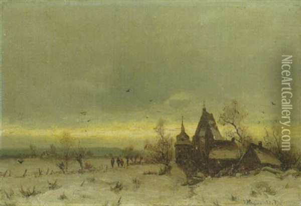 Kapelle Am Winterabend In Verschneiter Landschaft Oil Painting - Friedrich Josef Nicolai Heydendahl