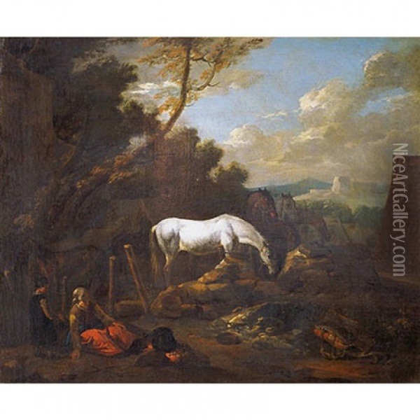 Campesina Con Su Hijo Junto A Un Hogar Vigilando Un Grupo De Caballos Oil Painting - Pieter van Bloemen