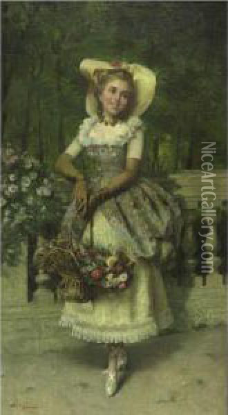 An Elegant Lady In The Park Oil Painting - Pompeo Massini