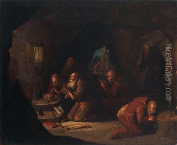 Hermits Praying In A Cave Oil Painting - Egbert van Heemskerck the Elder