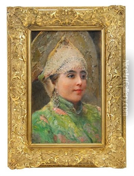 Portrait Of A Girl Wearing A Kokoshnik Oil Painting - Konstantin Egorovich Makovsky