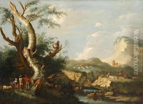 Shepherds And Goatherd Resting In A Rugged Landscape Oil Painting - Jacob Van Ruisdael