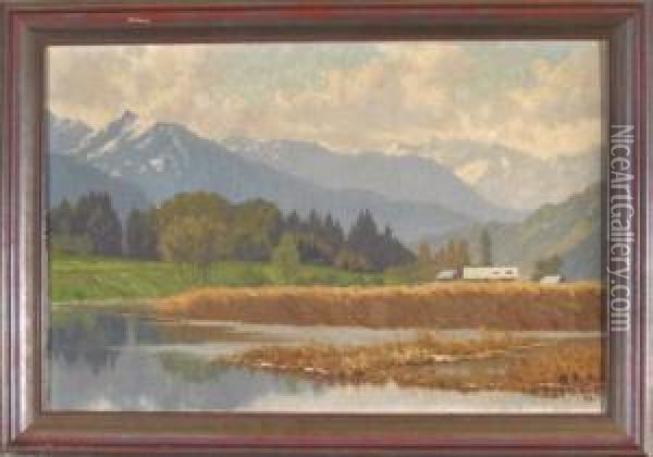 Spatsommer An Einem Oberbayerischen See Mit Blick In Die Alpen Oil Painting - Carl Zopf