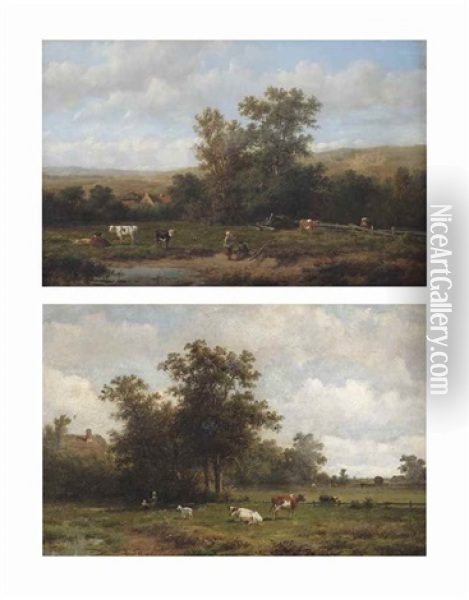 Cattle In The Grassland; And Farmers In The Field Oil Painting - Anthonie Jacobus van Wijngaerdt