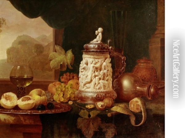 A Still Life Of An Ivory Tankard And Fruit On A Table-top Oil Painting - Edward Ladell
